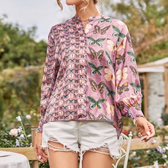 Purple Asymmetrical Butterfly Print Botton Up Blouse - Picture 4 of 9